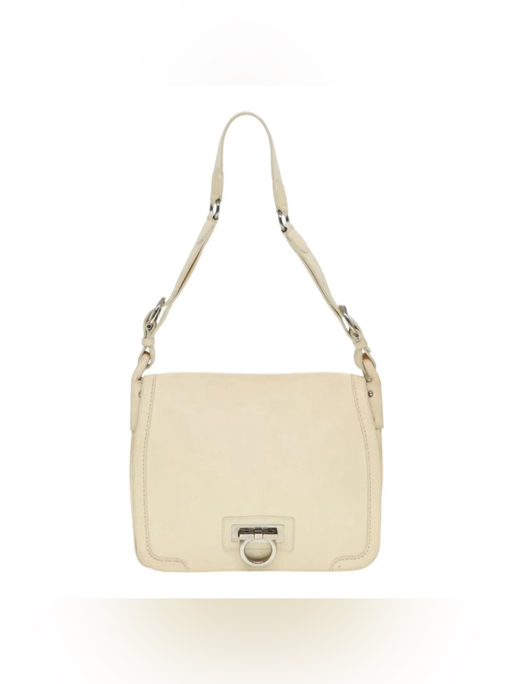 Salvatore Ferragamo Gancini Leather Flap Shoulder Bag Silver Hardware Cream - Picture 1 of 15